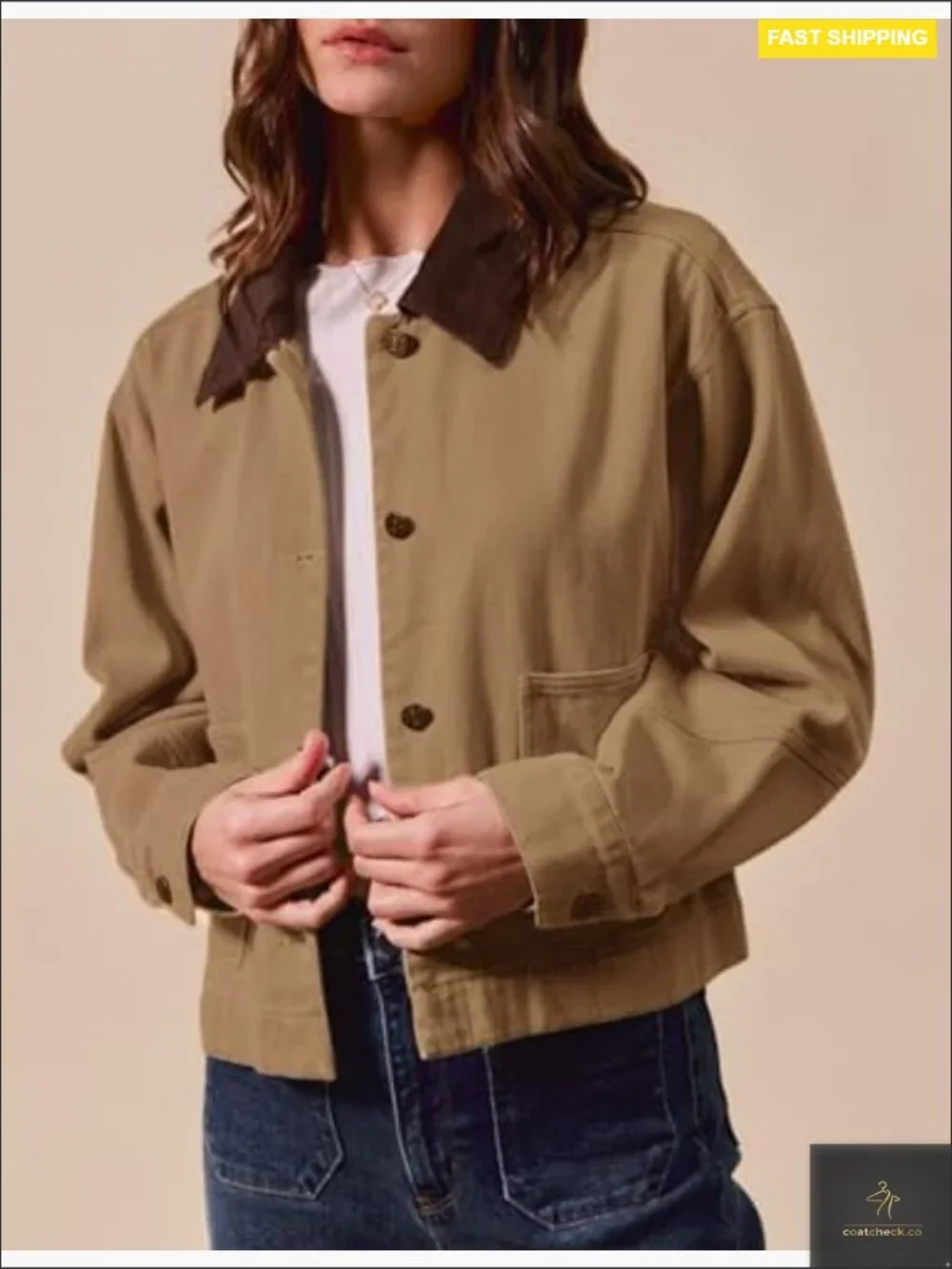 Cropped Barn Jacket Button Down Cord Collar with Pockets Trendy Work Outerwear
